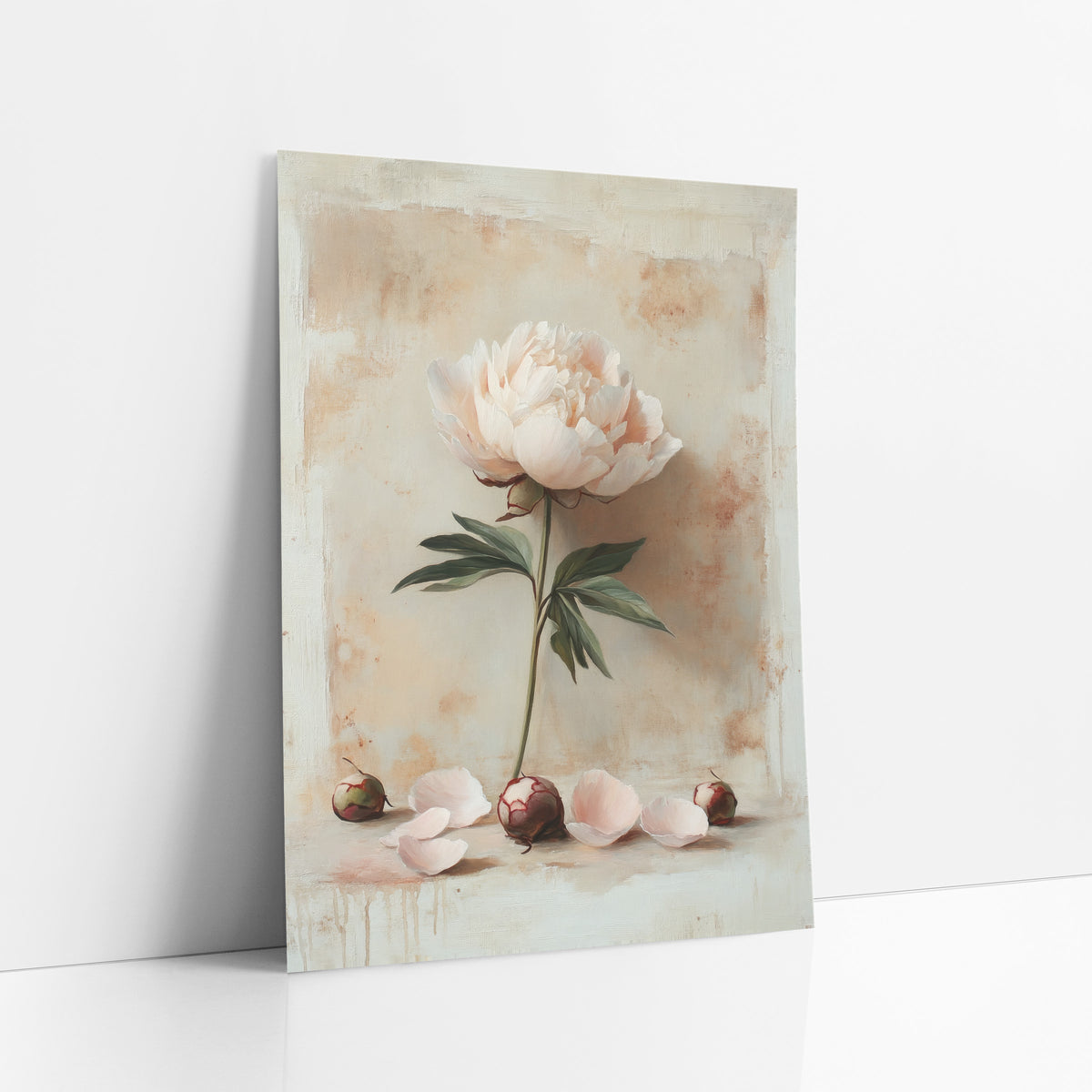 Lone Peony Fallen Petals Classic art print leaning against a white wall – pale pink peony on a green stem with burgundy buds