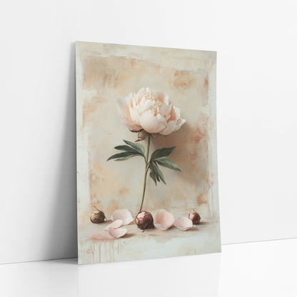Lone Peony Fallen Petals Classic art print leaning against a white wall – pale pink peony on a green stem with burgundy buds