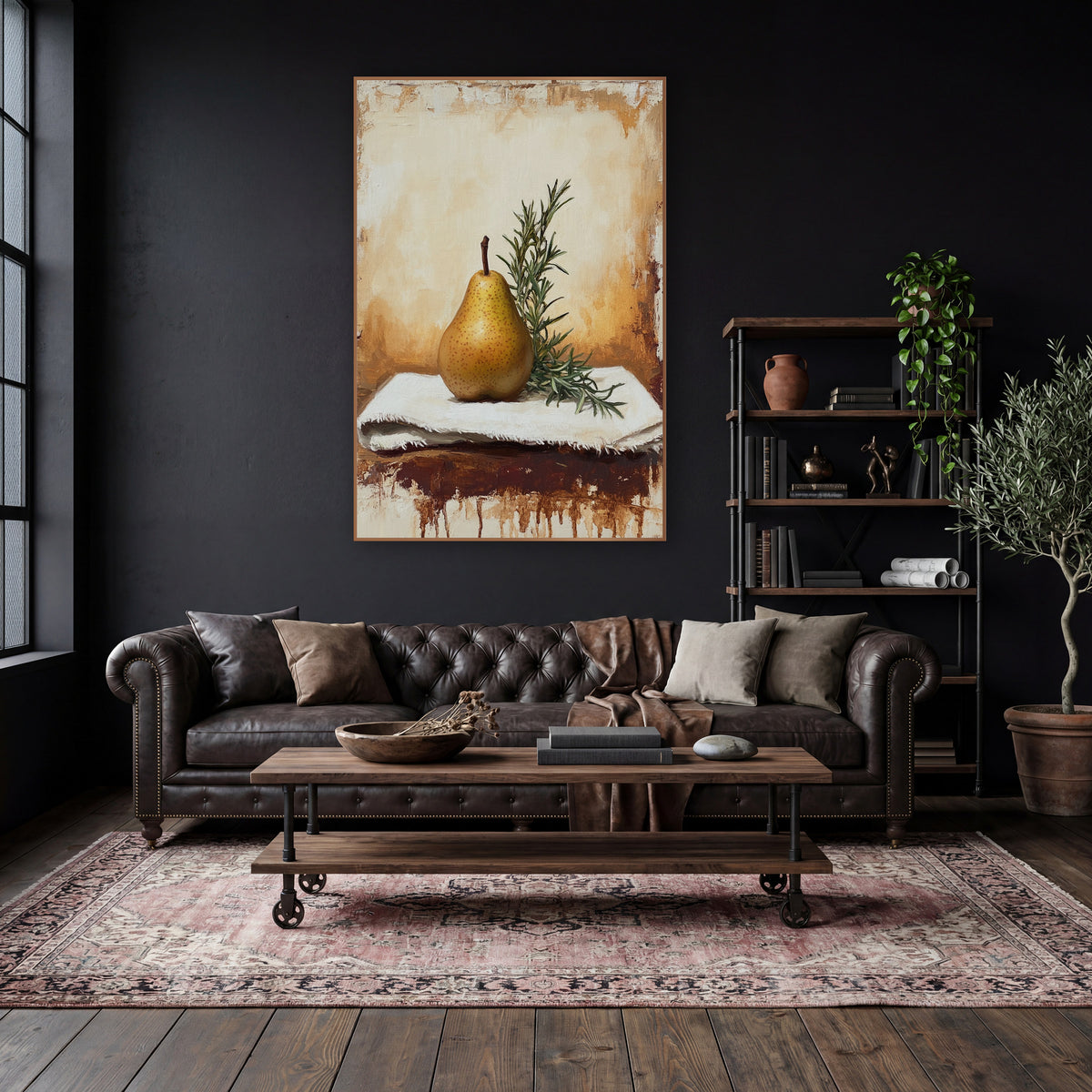 Golden Pear and Rosemary Still Life wall art in a moody dark academia room – golden speckled pear with rosemary sprig
