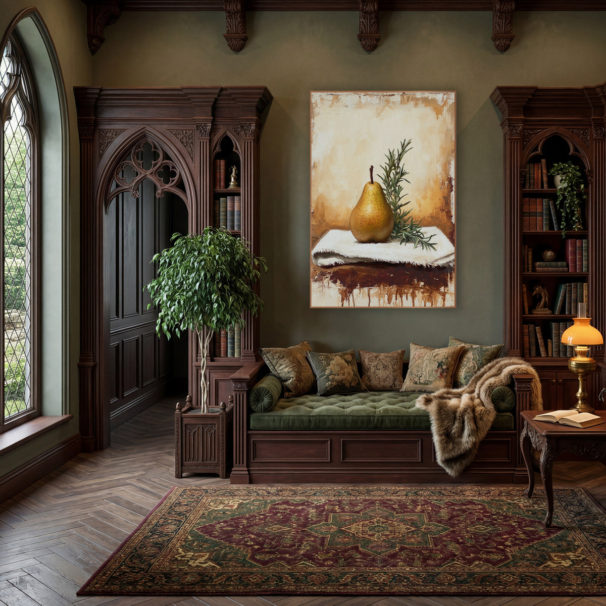 Golden Pear and Rosemary Still Life wall art in a moody dark academia room – golden speckled pear with rosemary sprig