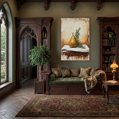 Golden Pear and Rosemary Still Life wall art in a moody dark academia room – golden speckled pear with rosemary sprig
