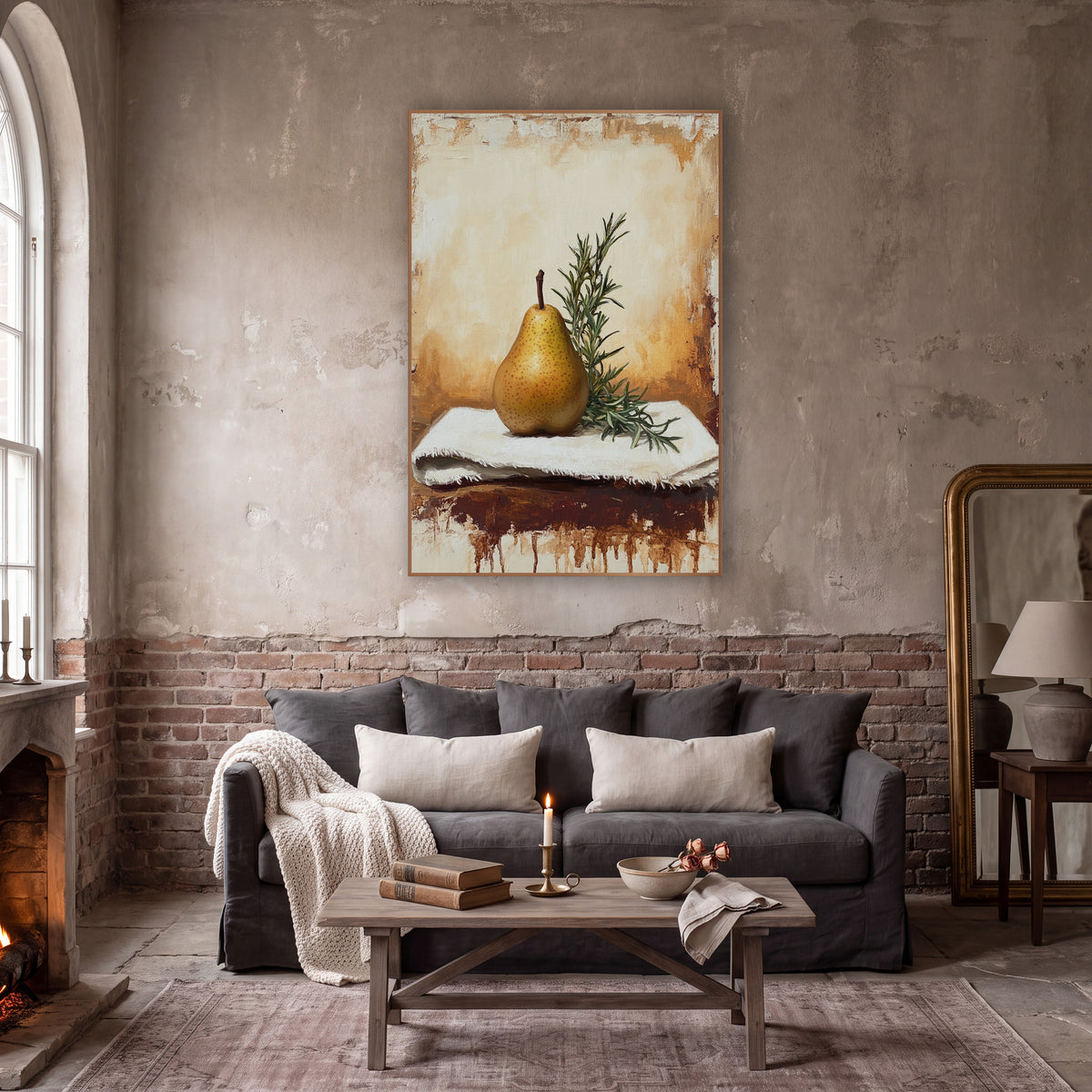 Golden Pear and Rosemary Still Life wall art in a moody dark academia room – golden speckled pear with rosemary sprig