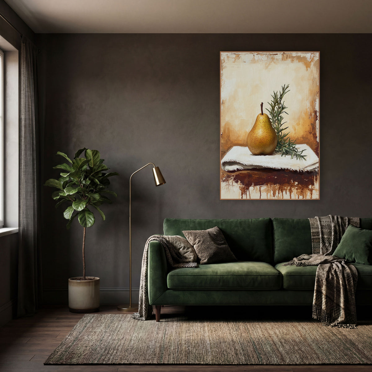 Golden Pear and Rosemary Still Life wall art in a moody dark academia room – golden speckled pear with rosemary sprig