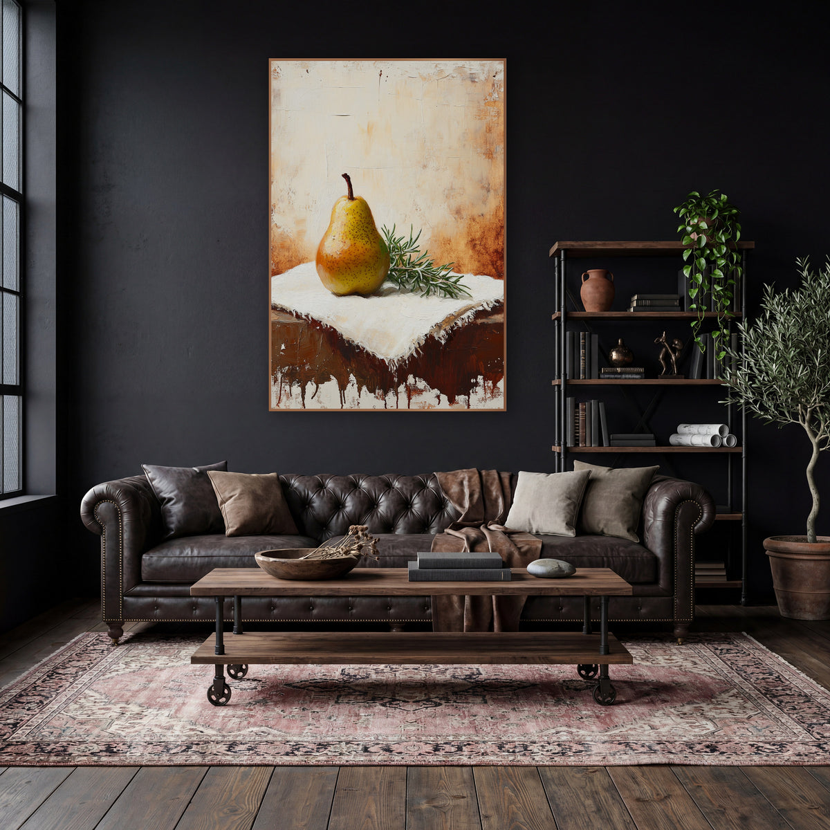 Tilted Pear Sprig Farmhouse Still Life wall art in a moody dark academia room – yellow speckled pear and rosemary