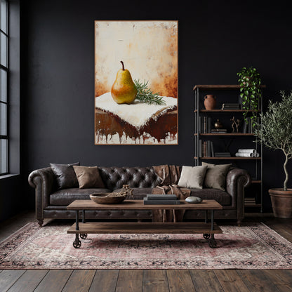Tilted Pear Sprig Farmhouse Still Life wall art in a moody dark academia room – yellow speckled pear and rosemary