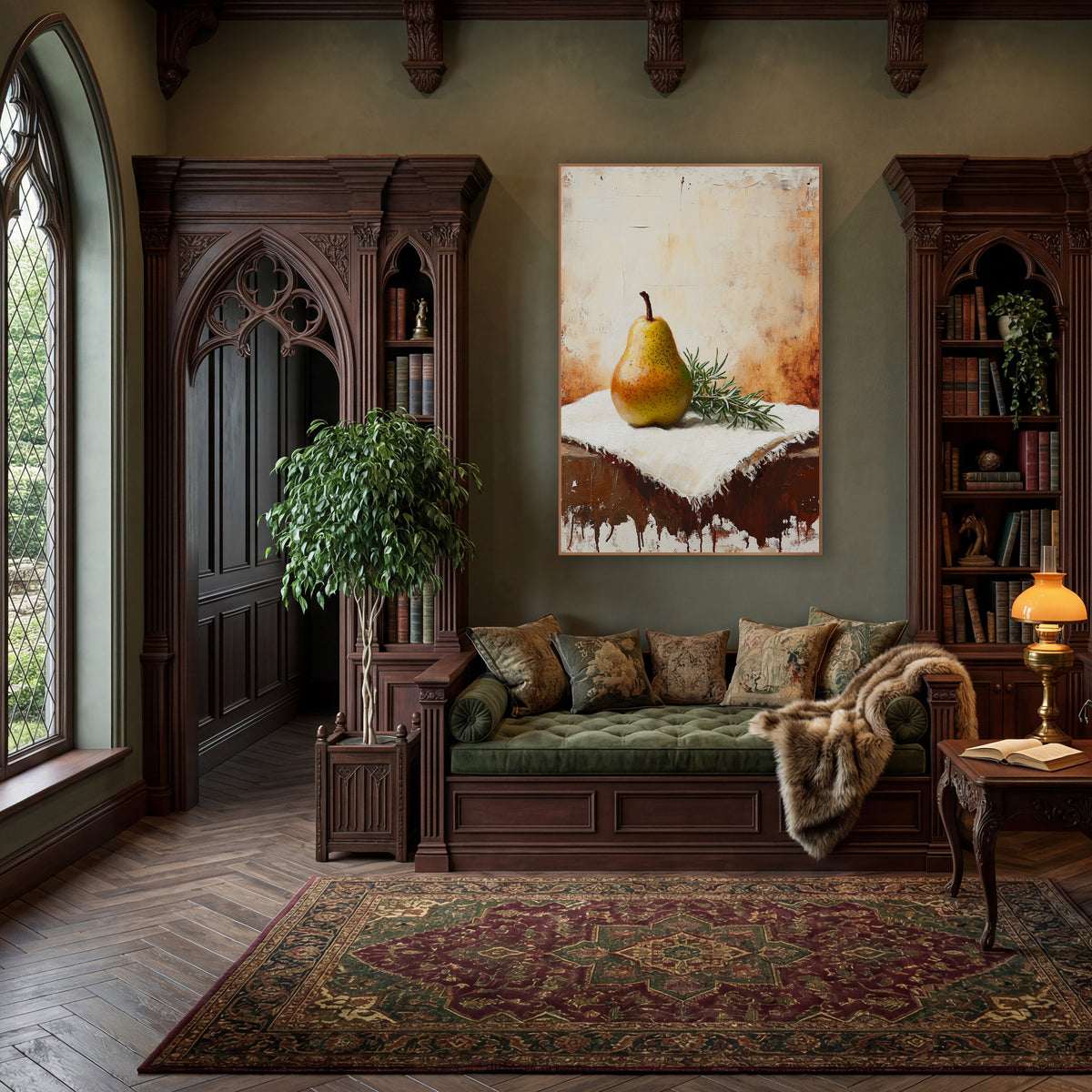 Tilted Pear Sprig Farmhouse Still Life wall art in a moody dark academia room – yellow speckled pear and rosemary