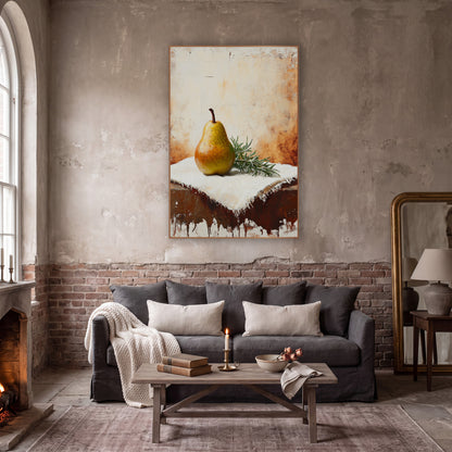 Tilted Pear Sprig Farmhouse Still Life wall art in a moody dark academia room – yellow speckled pear and rosemary