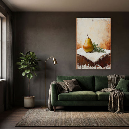Tilted Pear Sprig Farmhouse Still Life wall art in a moody dark academia room – yellow speckled pear and rosemary