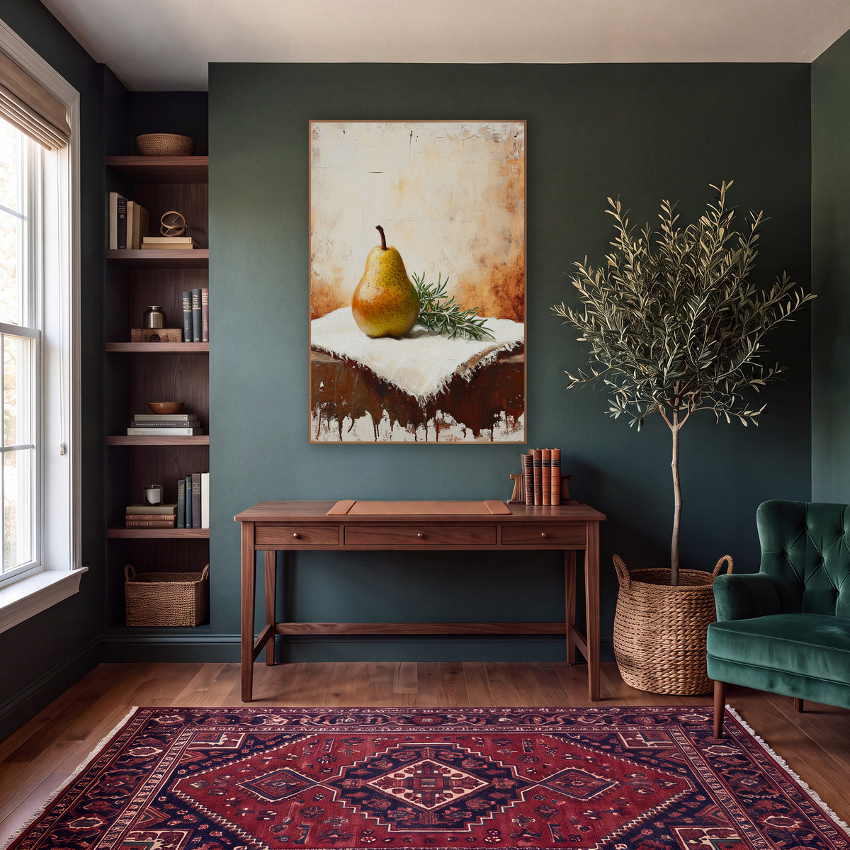 Tilted Pear Sprig Farmhouse Still Life wall art in a moody dark academia room – yellow speckled pear and rosemary