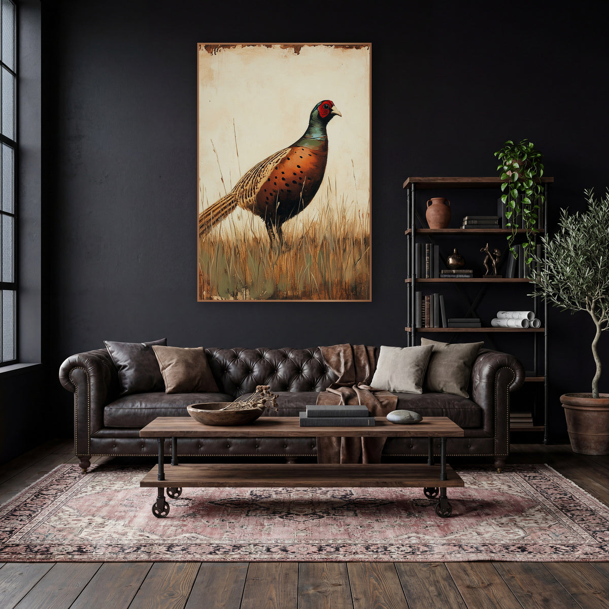 Russet Pheasant in Tall Grass Vintage wall art in a moody dark academia room – pheasant with copper spotted chest
