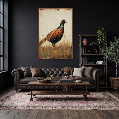 Russet Pheasant in Tall Grass Vintage wall art in a moody dark academia room – pheasant with copper spotted chest