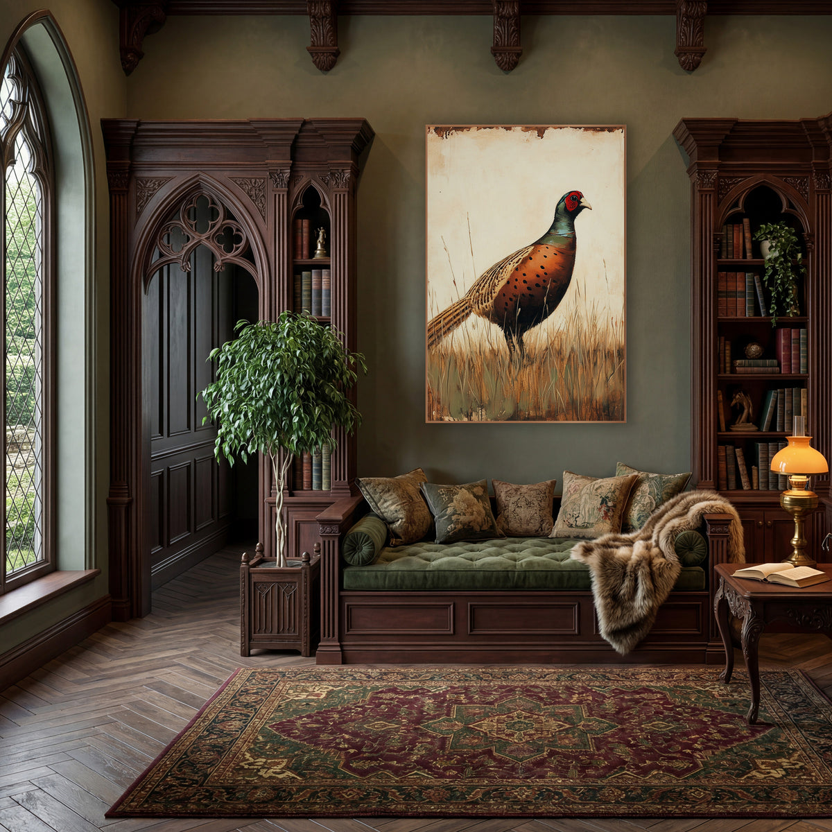 Russet Pheasant in Tall Grass Vintage wall art in a moody dark academia room – pheasant with copper spotted chest