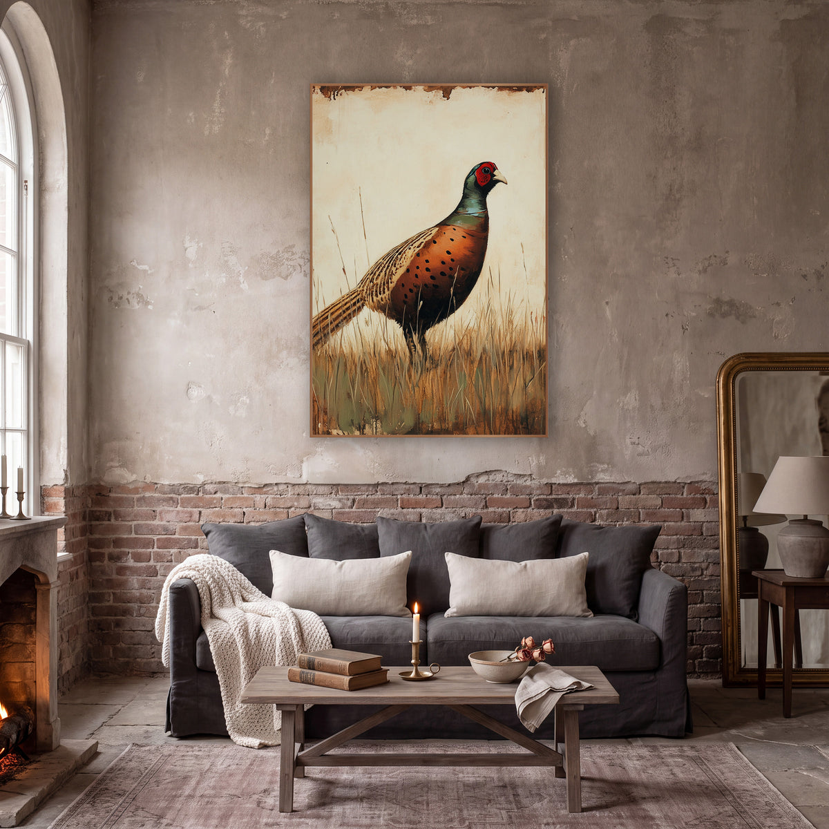 Russet Pheasant in Tall Grass Vintage wall art in a moody dark academia room – pheasant with copper spotted chest