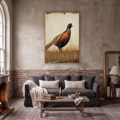 Russet Pheasant in Tall Grass Vintage wall art in a moody dark academia room – pheasant with copper spotted chest