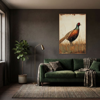 Russet Pheasant in Tall Grass Vintage wall art in a moody dark academia room – pheasant with copper spotted chest