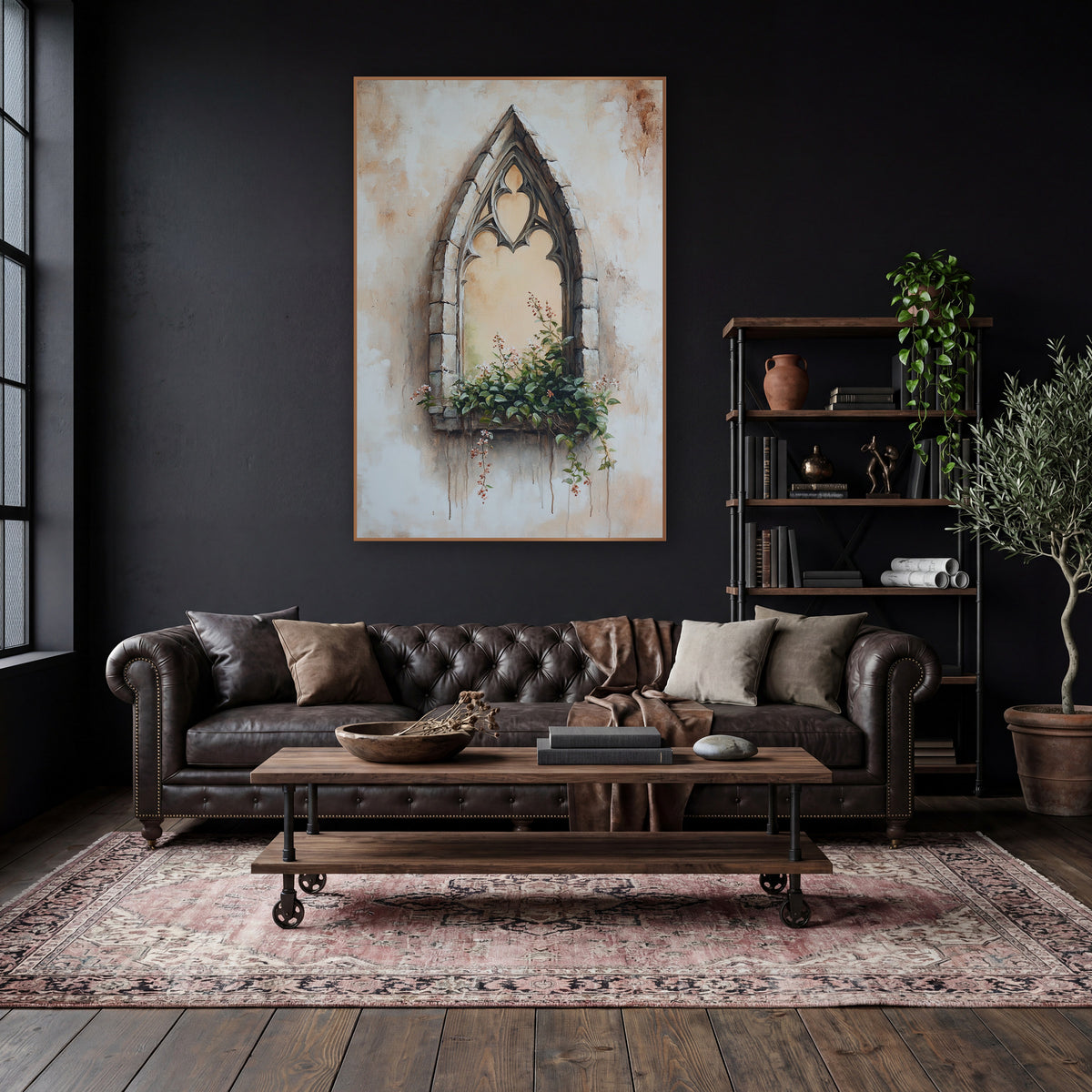 Cream Gothic Window Pink Blossoms Classic wall art in a moody dark academia room – pointed gothic stone window