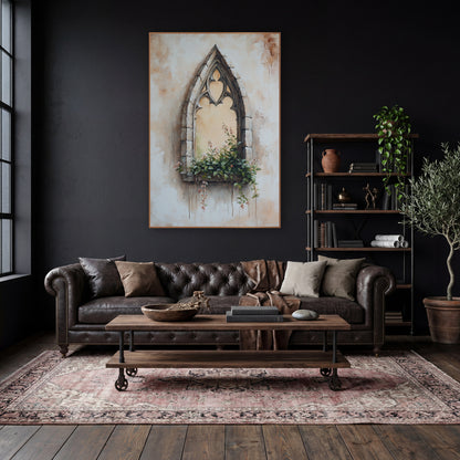 Cream Gothic Window Pink Blossoms Classic wall art in a moody dark academia room – pointed gothic stone window