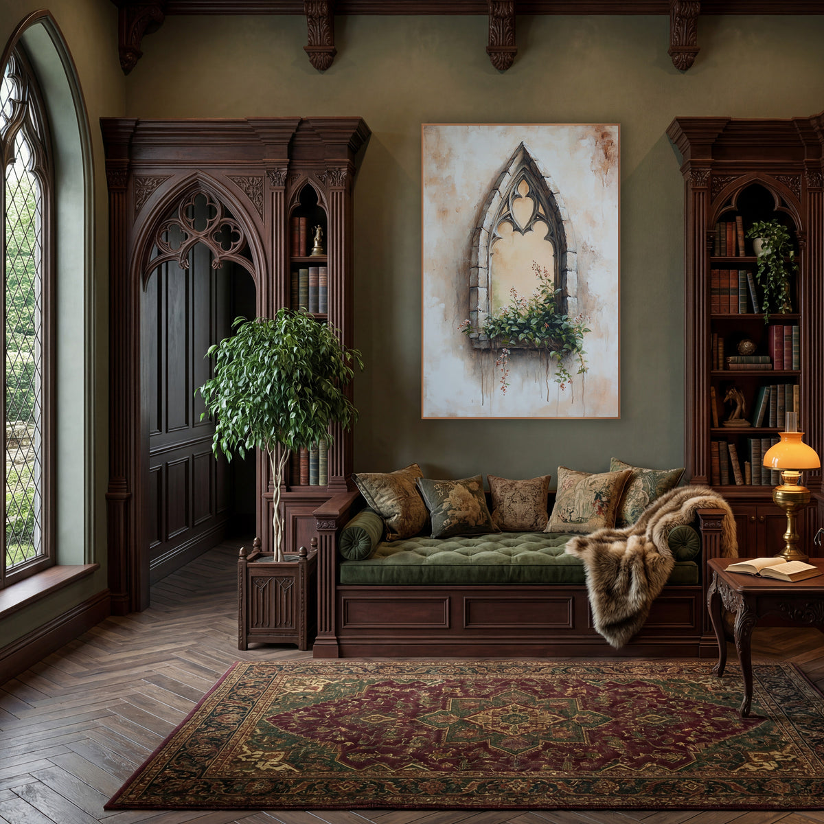 Cream Gothic Window Pink Blossoms Classic wall art in a moody dark academia room – pointed gothic stone window
