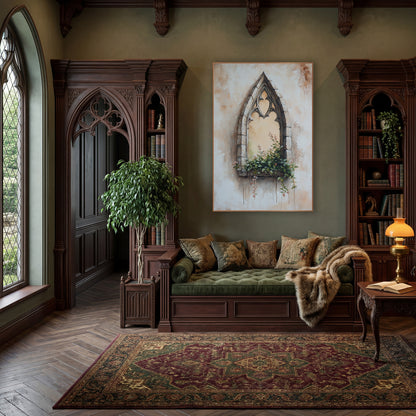 Cream Gothic Window Pink Blossoms Classic wall art in a moody dark academia room – pointed gothic stone window