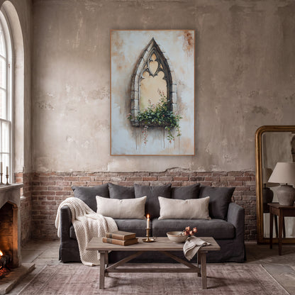 Cream Gothic Window Pink Blossoms Classic wall art in a moody dark academia room – pointed gothic stone window