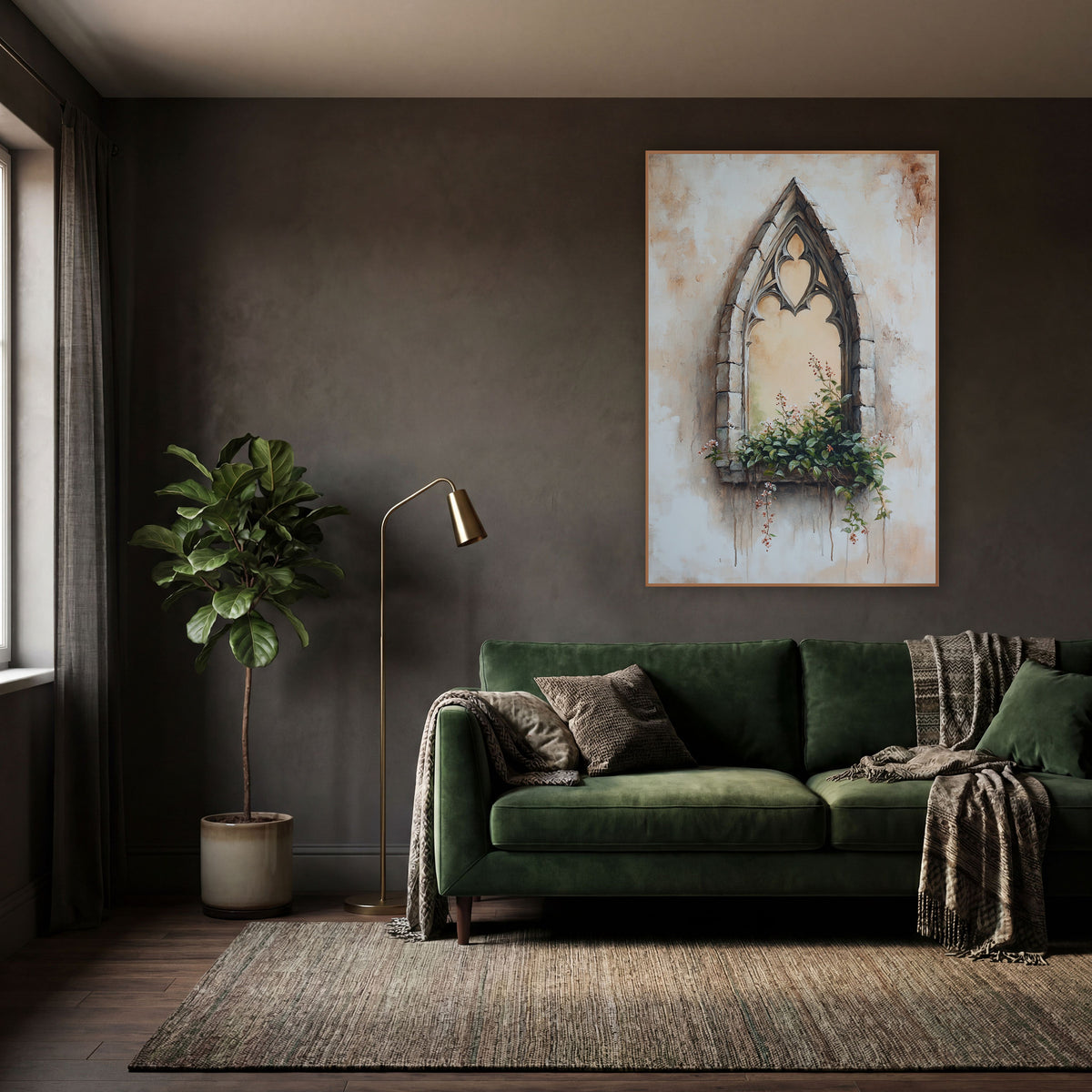 Cream Gothic Window Pink Blossoms Classic wall art in a moody dark academia room – pointed gothic stone window