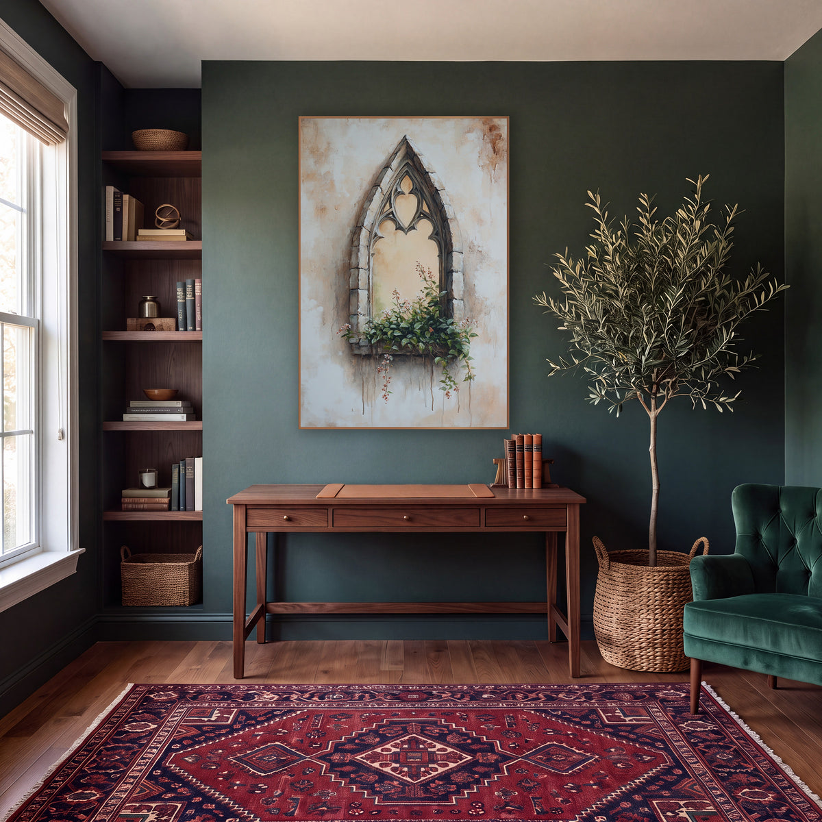 Cream Gothic Window Pink Blossoms Classic wall art in a moody dark academia room – pointed gothic stone window