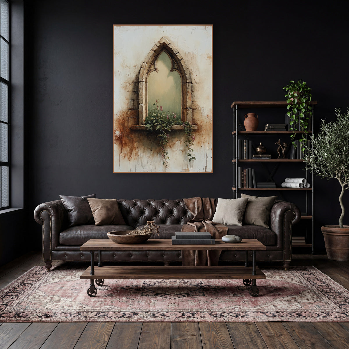 Sage Gothic Window Rust Drips Rustic wall art in a moody dark academia room – gothic arched stone window with sage