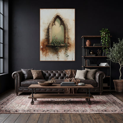 Sage Gothic Window Rust Drips Rustic wall art in a moody dark academia room – gothic arched stone window with sage