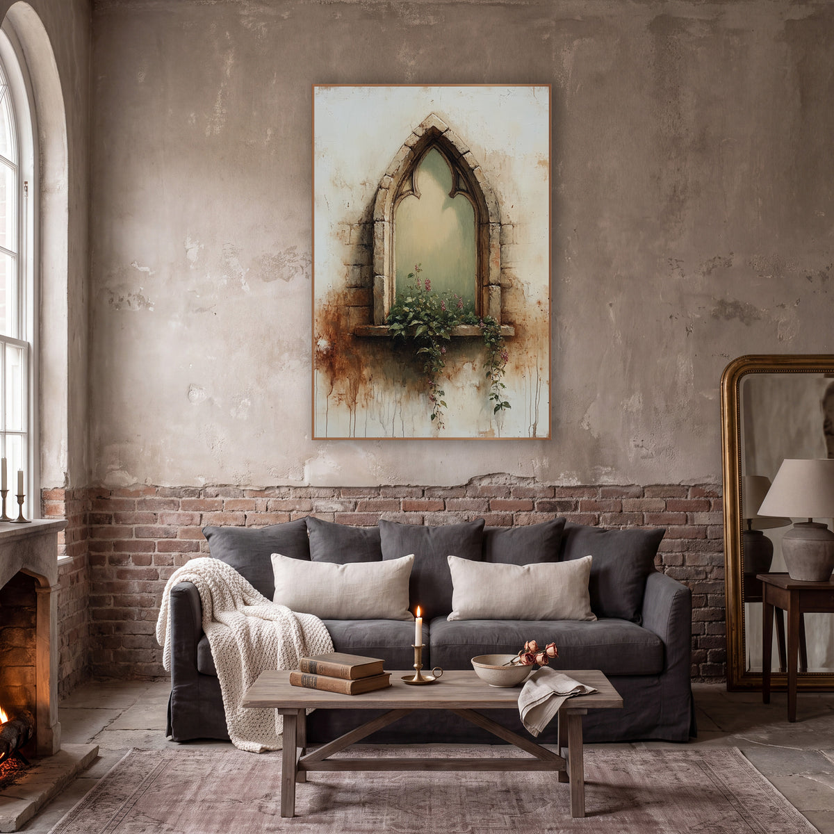 Sage Gothic Window Rust Drips Rustic wall art in a moody dark academia room – gothic arched stone window with sage