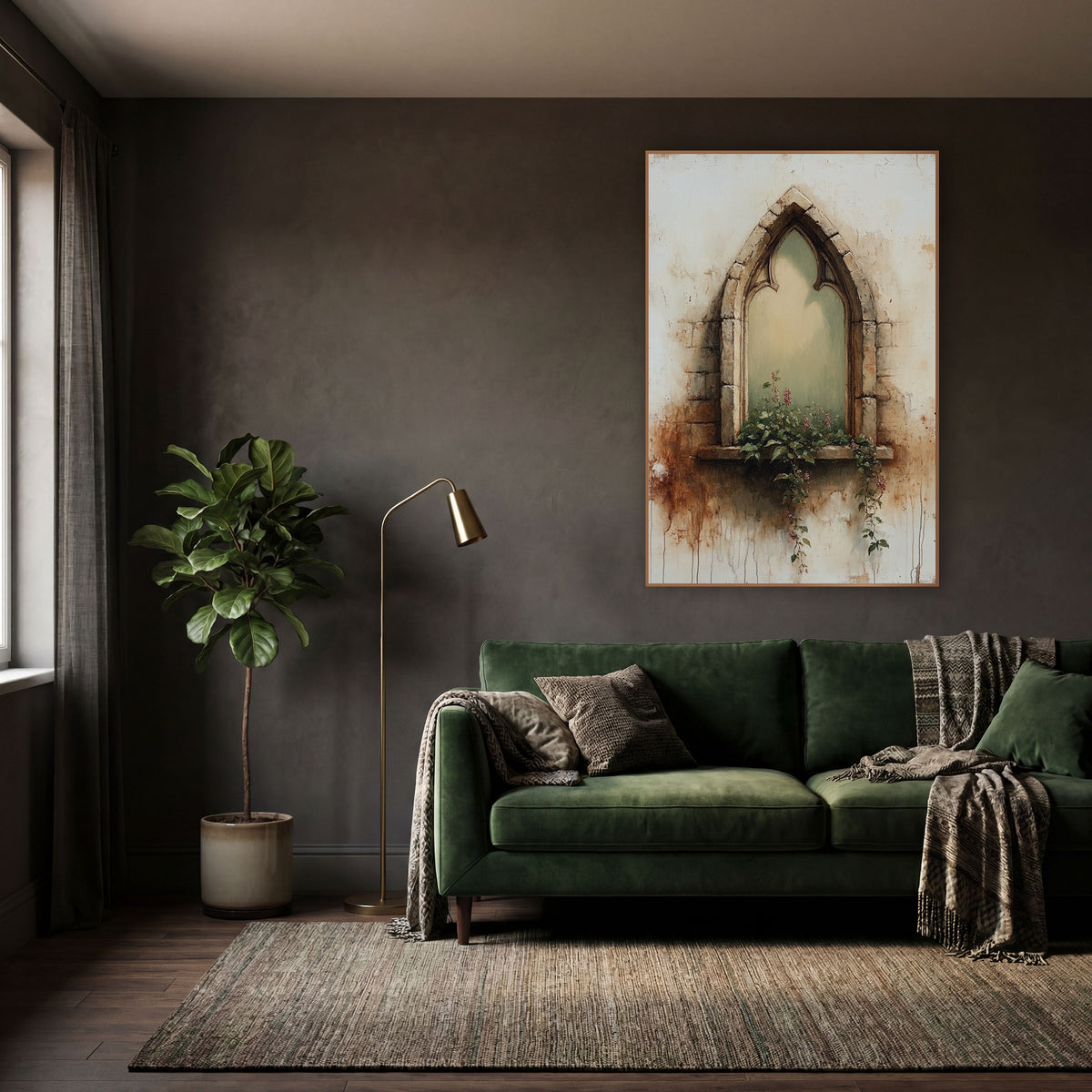 Sage Gothic Window Rust Drips Rustic wall art in a moody dark academia room – gothic arched stone window with sage