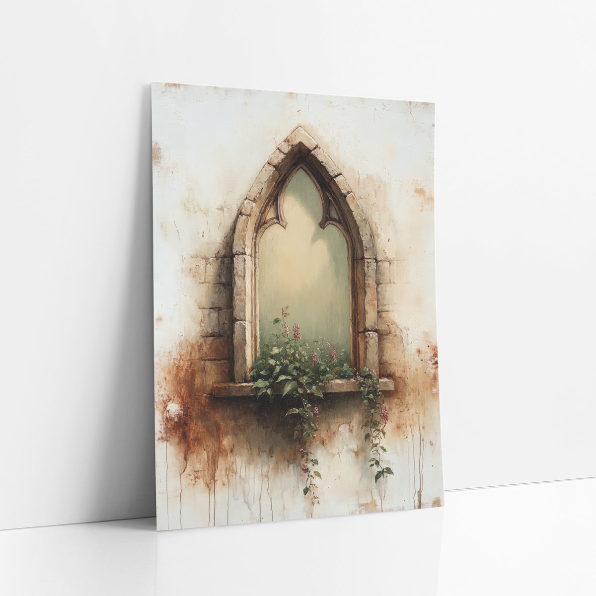 Sage Gothic Window Rust Drips Rustic art print leaning against a white wall – gothic arched stone window with sage green