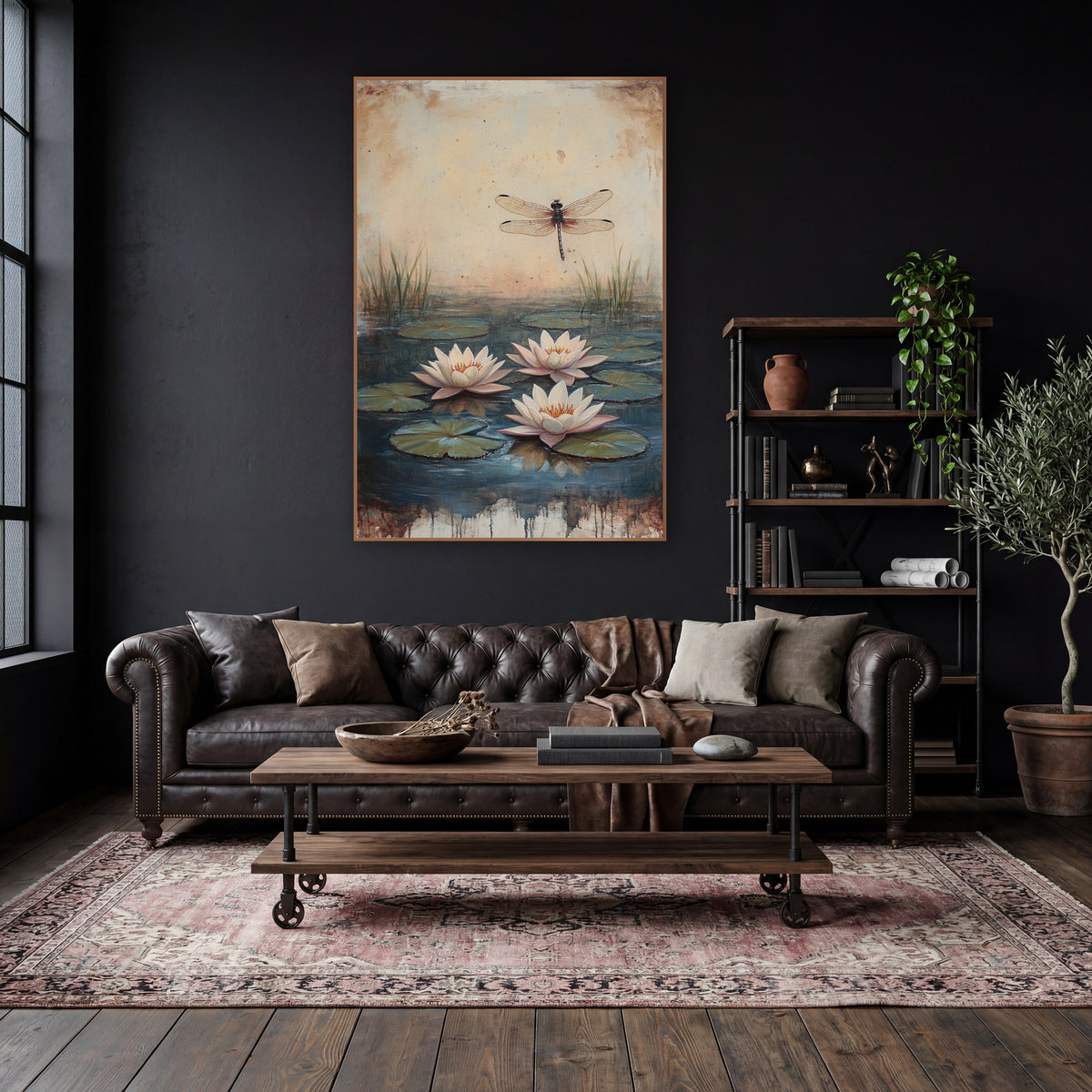 Three Pink Lilies Dragonfly Vintage wall art in a moody dark academia room – three pale pink water lilies on a dark
