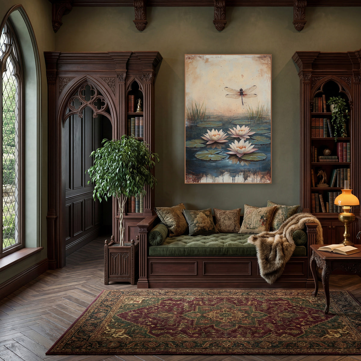Three Pink Lilies Dragonfly Vintage wall art in a moody dark academia room – three pale pink water lilies on a dark