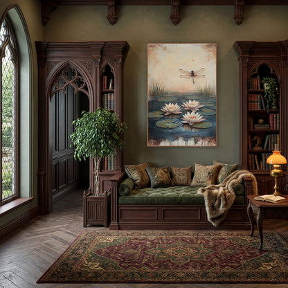 Three Pink Lilies Dragonfly Vintage wall art in a moody dark academia room – three pale pink water lilies on a dark
