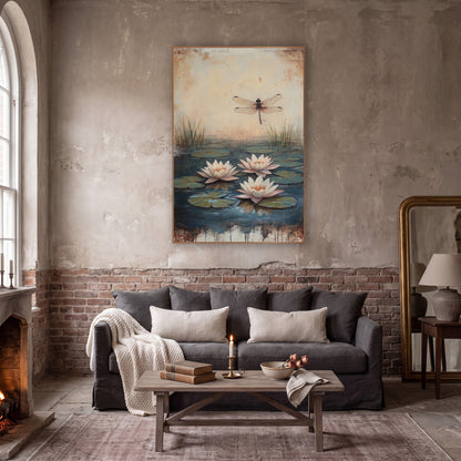 Three Pink Lilies Dragonfly Vintage wall art in a moody dark academia room – three pale pink water lilies on a dark