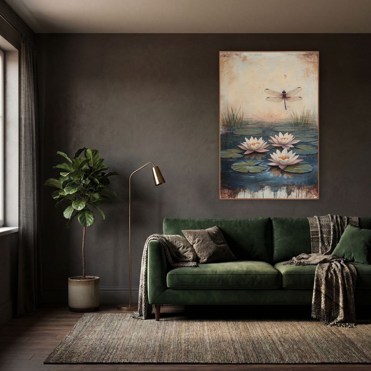 Three Pink Lilies Dragonfly Vintage wall art in a moody dark academia room – three pale pink water lilies on a dark