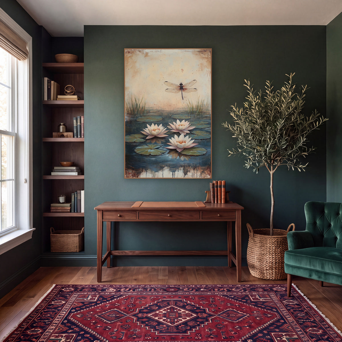 Three Pink Lilies Dragonfly Vintage wall art in a moody dark academia room – three pale pink water lilies on a dark