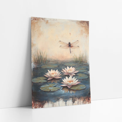 Three Pink Lilies Dragonfly Vintage art print leaning against a white wall – three pale pink water lilies on a dark pond