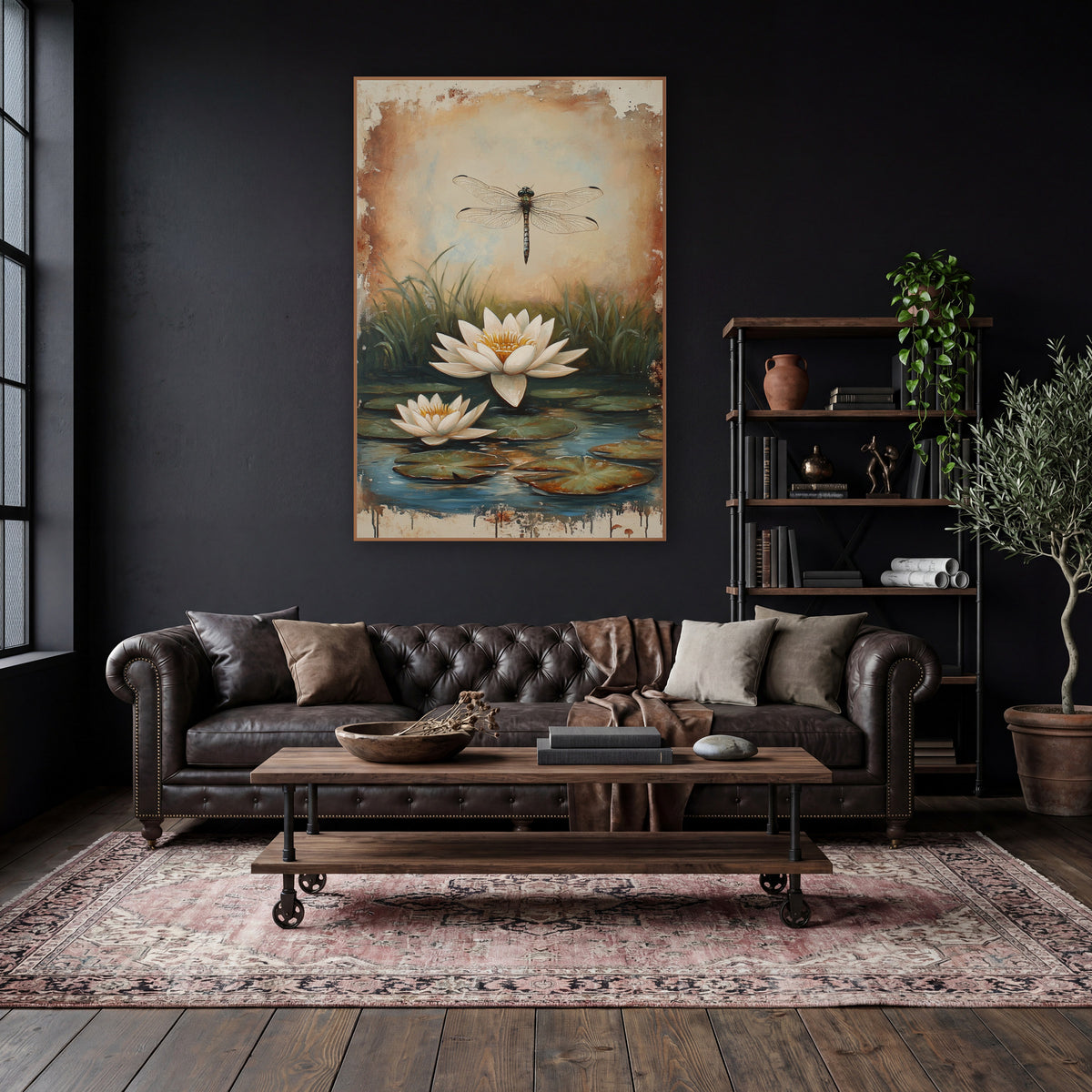 Cream Lily Pair Reeds Rustic wall art in a moody dark academia room – dragonfly hovering above two white water lilies