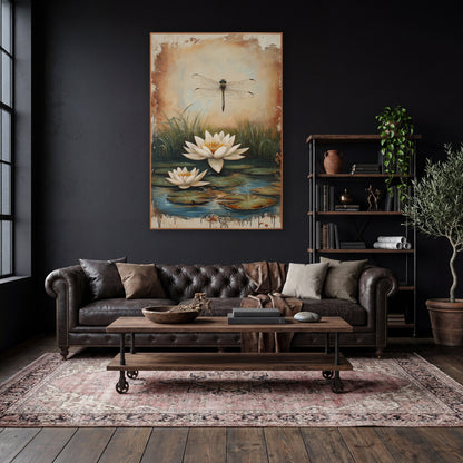 Cream Lily Pair Reeds Rustic wall art in a moody dark academia room – dragonfly hovering above two white water lilies