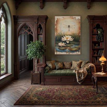 Cream Lily Pair Reeds Rustic wall art in a moody dark academia room – dragonfly hovering above two white water lilies