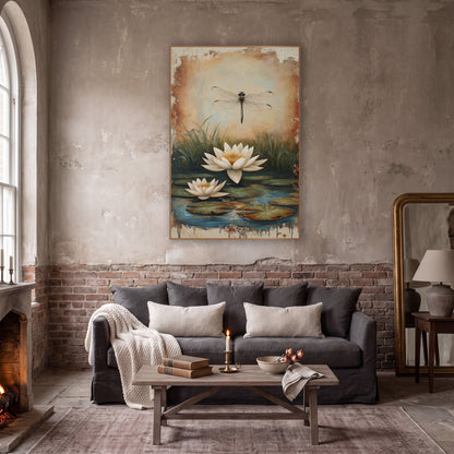 Cream Lily Pair Reeds Rustic wall art in a moody dark academia room – dragonfly hovering above two white water lilies