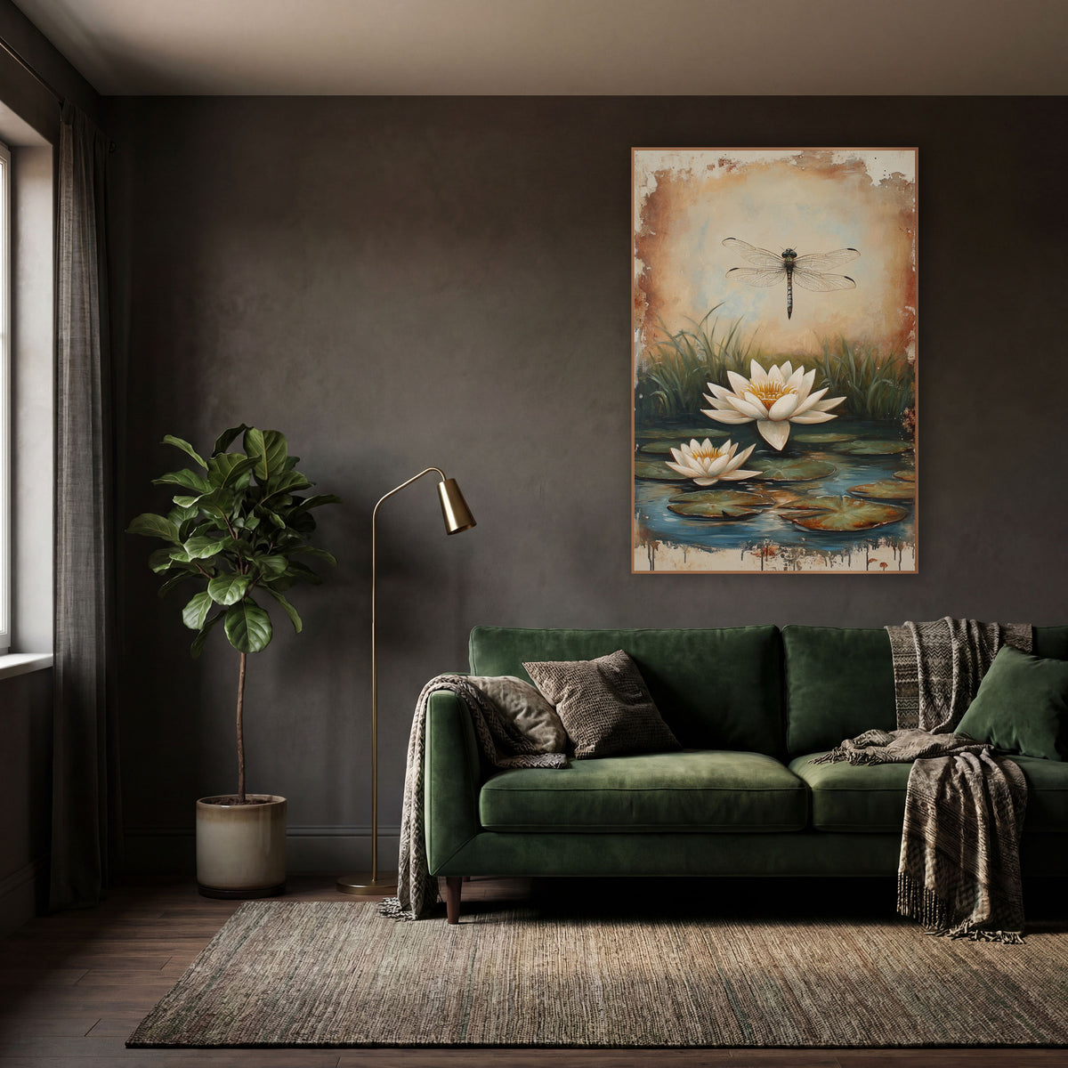 Cream Lily Pair Reeds Rustic wall art in a moody dark academia room – dragonfly hovering above two white water lilies
