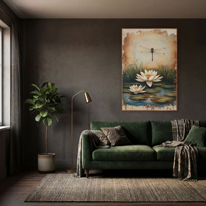 Cream Lily Pair Reeds Rustic wall art in a moody dark academia room – dragonfly hovering above two white water lilies