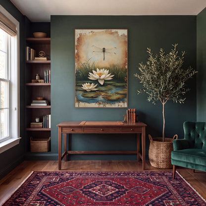 Cream Lily Pair Reeds Rustic wall art in a moody dark academia room – dragonfly hovering above two white water lilies