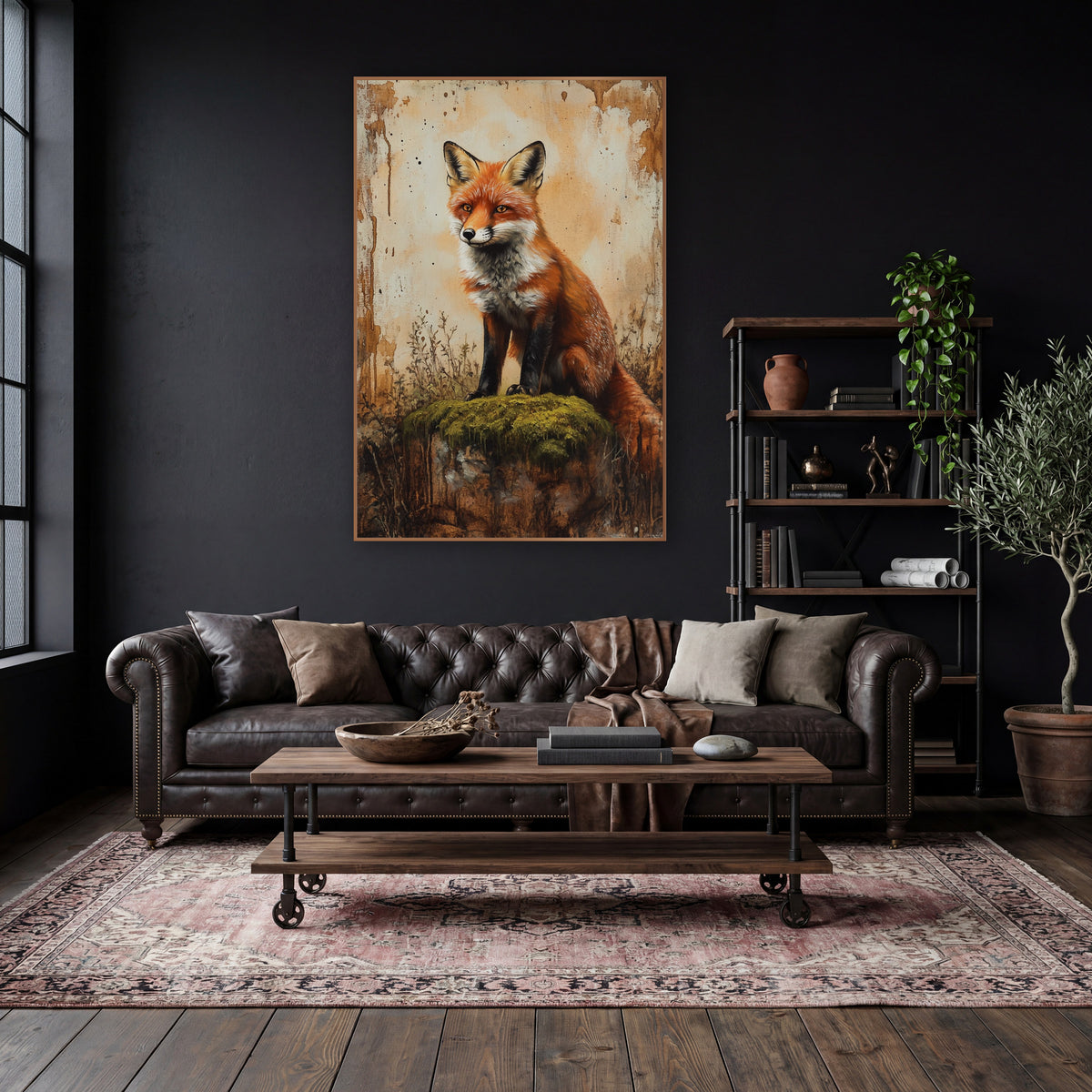 Fox Perched Mossy Cliff Rustic wall art in a moody dark academia room – red fox sitting on a moss-covered stump