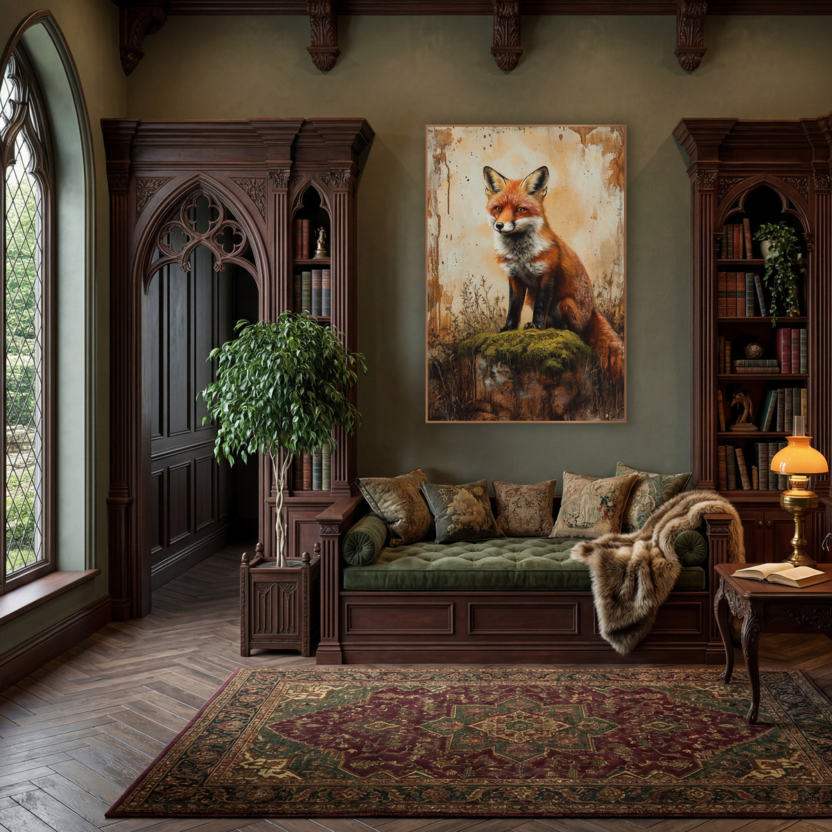 Fox Perched Mossy Cliff Rustic wall art in a moody dark academia room – red fox sitting on a moss-covered stump