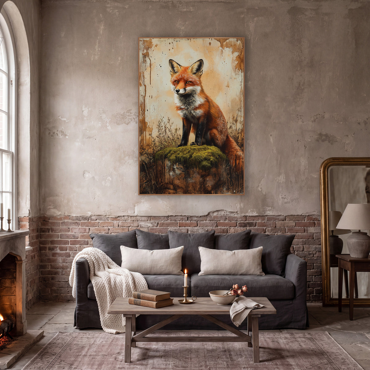 Fox Perched Mossy Cliff Rustic wall art in a moody dark academia room – red fox sitting on a moss-covered stump