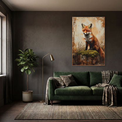 Fox Perched Mossy Cliff Rustic wall art in a moody dark academia room – red fox sitting on a moss-covered stump