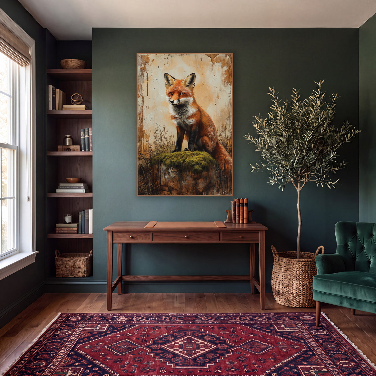 Fox Perched Mossy Cliff Rustic wall art in a moody dark academia room – red fox sitting on a moss-covered stump